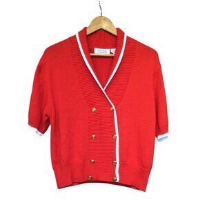 Nicole Summers Red Short Sleeve Cardigan Sweater L Gold Button Front Preppy